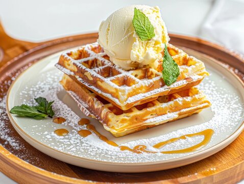 Food photo of Viennese waffles with ice cream and mint.