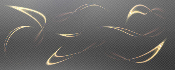 Vector png background with gold glowing lines. Gold glowing lines of speed. Light glow effect. Light trail wave, fire trail line and glow curve swirl.