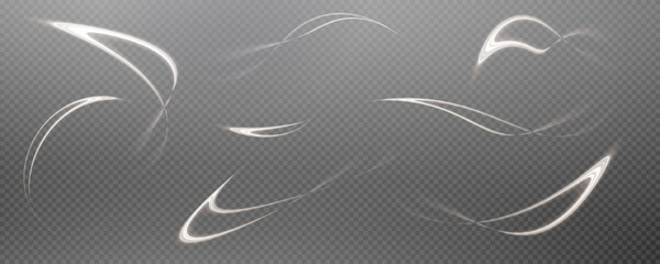 Vector png background with white glowing lines. White glowing lines of speed. Light glow effect. Light trail wave, fire trail line and glow curve swirl.