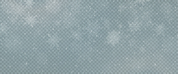 Christmas background with small falling snowflakes. Snow storm effect, blurred, cold wind with snow png. Holiday powder snow for cards, invitations, banners, advertising.
