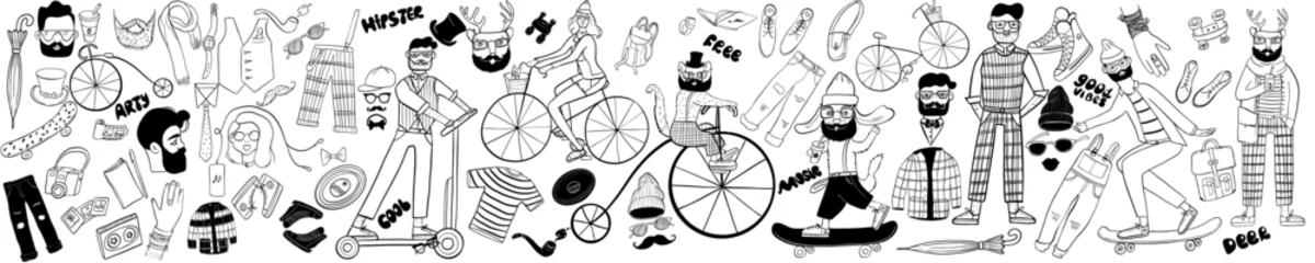 Rolgordijnen Hipster hand drawn vector illustration set. Includes Characters cat, dog, deer, woman, man, pants, accessory, bike, scooter, skate, hat, bag  © Anada77