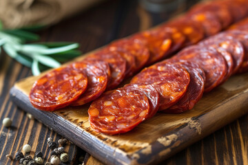 Spanish traditional chorizo sausage on a wooden board. Close up - obrazy, fototapety, plakaty