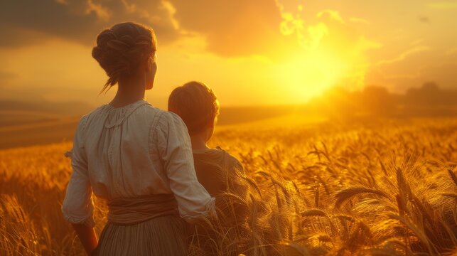 A poignant image of a woman and child embracing, gazing into a golden wheat field under a radiant sunset, embodying warmth and affection