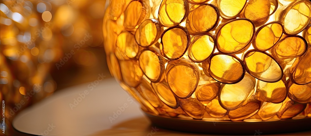 Poster a close up of a candle holder on a table showcasing tints and shades of amber with a pattern resembl