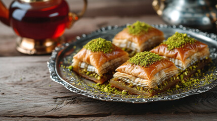 Turkish Dessert Baklava with pistachio on silver tray. Close up