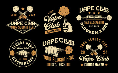 Set of vape shop logo emblem templates vector illustration. Smoke shop logo. Design elements for logo, label, badge, sign. Monochrome labels set for vaping and electronic cigarette. 