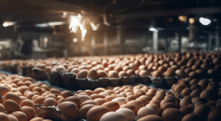 egg production in a factory, eggs on a conveyor belt