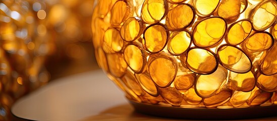 A close up of a candle holder on a table showcasing tints and shades of amber with a pattern resembling ananas fruit, peach plant symmetry. Natural foods produce vibes