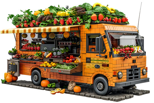 A 3D animated cartoon render of a busy streetfood-truck bustling with activity in a lively urban setting.