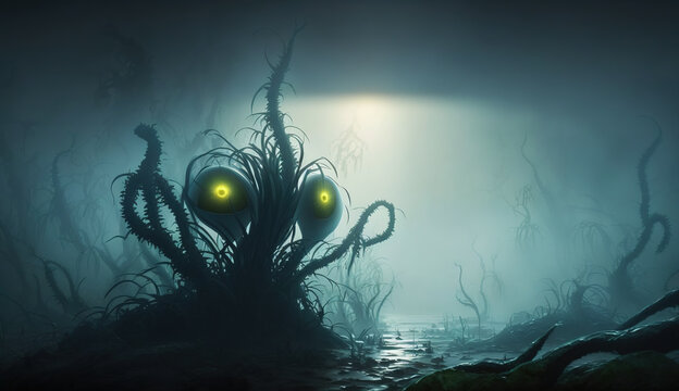 Sentient extraterrestrial plants with tentacles and glowing eyes, living in the wetlands on a hazy alien planet. Misty swamp landscape in dim cyan light. Exoplanet discovery, alien wildlife.