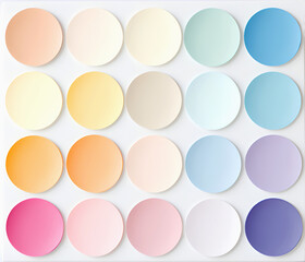 Pastel color palette with circular paper samples for design. Soft tones displayed in a geometric circle pattern for decor. Assorted pastel colored circles arranged neatly on light background