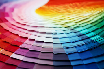 Obraz premium Color palett. Detailed view of color swatches in a fan arrangement. Bright color samples spread out in a semi-circular shape. Close-up of paint swatches revealing texture and colors.