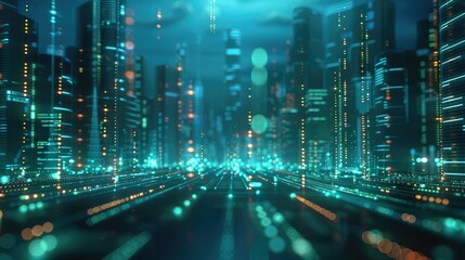 Obraz premium Abstract digital stock market background with bars and charts in hues of teal cyan green and blue, cinematic lighting. Generative AI.