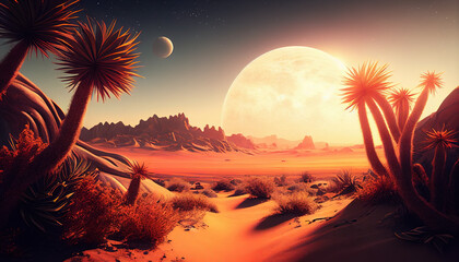 Exotic alien planet with warm tropical climate and orange sunlight