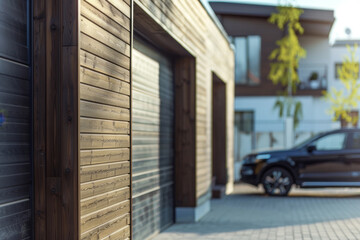 A close-up of a modern two-car garage. The garage is part of a contemporary home, with clean lines and a minimalist design