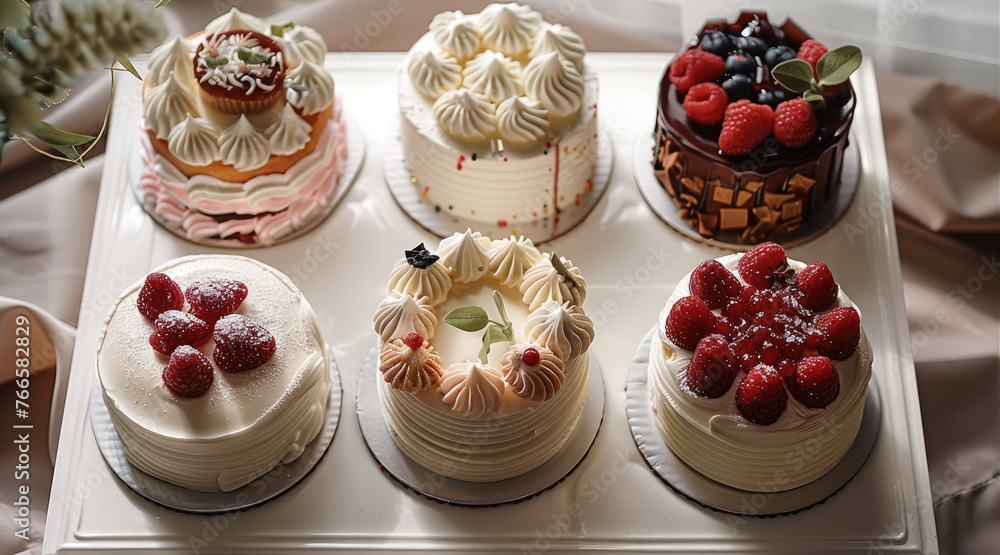 Poster 6 cakes are placed on a white mat, mini cakes of different shapes and sizes are decorated on top. Generative AI.