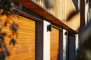 A close-up of a modern two-car garage. The garage is part of a stylish contemporary home