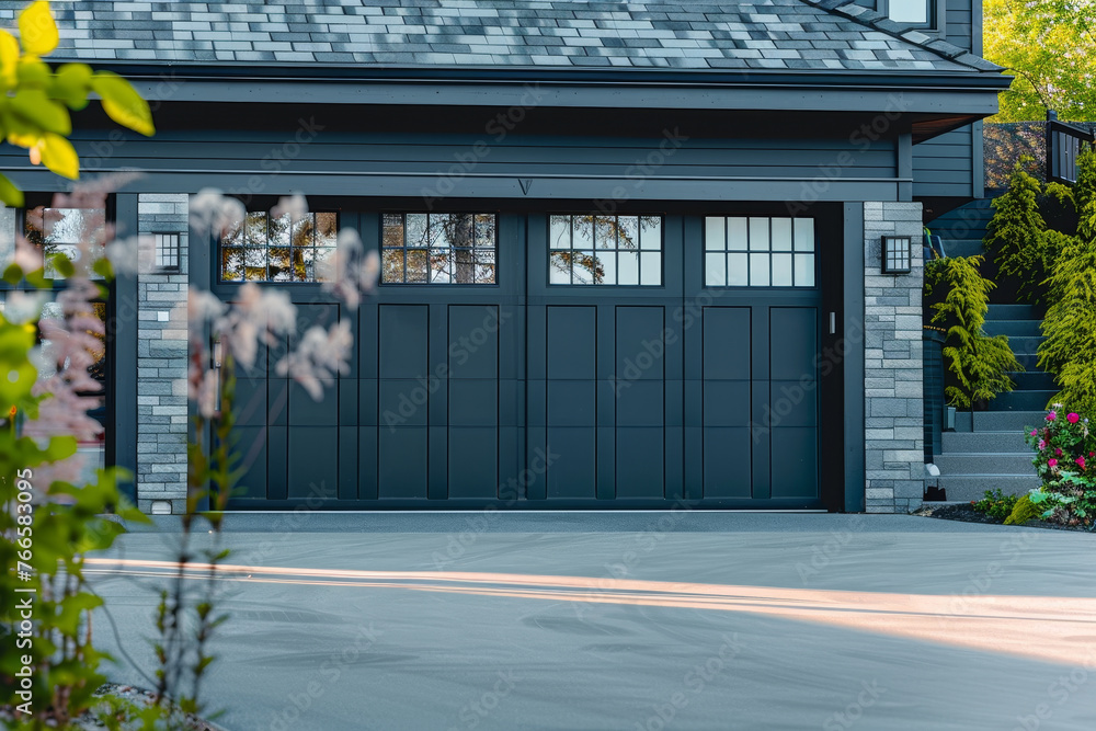 Poster a close-up of a modern two-car garage. the garage is part of a stylish contemporary home, with a des