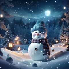 Panoramic view of happy snowman in winter scenery in the night
