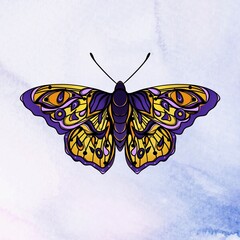 Colored butterfly on a purple watercolor background. Layout for printing illustrations on T-shirts, notepads, covers