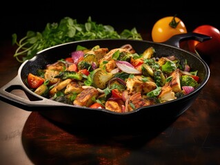healthy lunch sizzling indoors on a cast iron skillet. The aroma of fresh ingredients fills the air as colorful vegetables and lean proteins cook to perfection. 