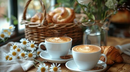 Two cappuccino cups on table, wicker basket with croissants, wild rose flower. Generative AI.