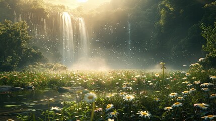 A mist coming up from the ground across a lush field with flowers, trees and a waterfall in the background. Generative AI.