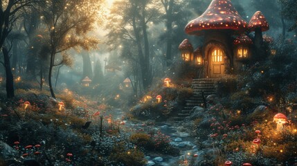 An enchanting digital art piece depicting a whimsical mushroom house in a mystical forest glade, illuminated by soft magical lights in a twilight setting - obrazy, fototapety, plakaty