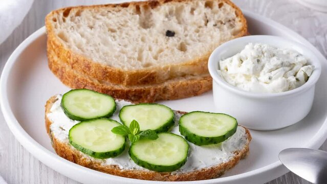 Olive bread with cottage cheese and cucumbers