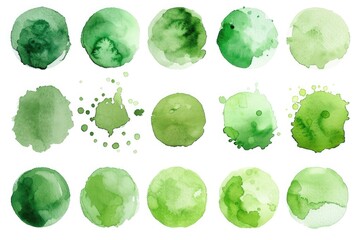 Green Watercolor Dot Set. Hand Painted Circle Spots on White Background. Isolated Blobs of Colourful Paint for Design
