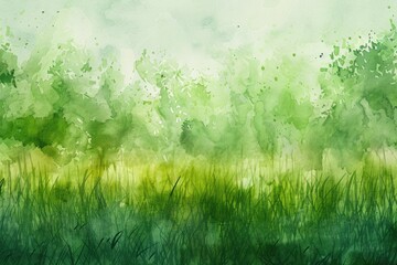 Green Watercolor Grass Field on Abstract Texture Background. Beautiful Landscape Painting with Paper Texture and Liquid Paint Effect