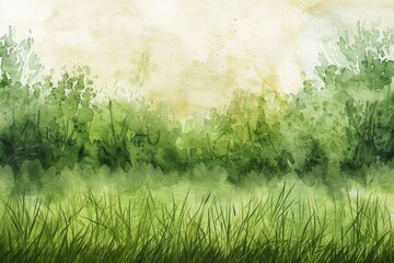Fototapeta na wymiar Green Watercolor Grass Field with Blurred Trees Background. Abstract Landscape Painting with Liquid, Dirty Paper Texture