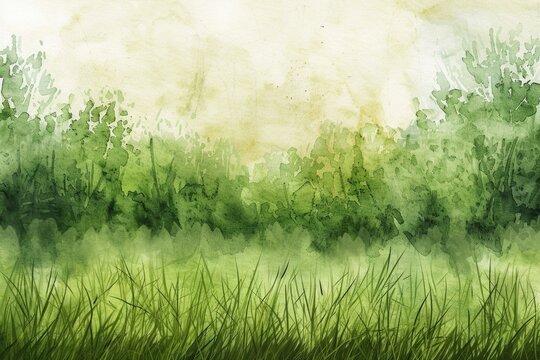 Green Watercolor Grass Field with Blurred Trees Background. Abstract Landscape Painting with Liquid, Dirty Paper Texture