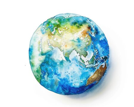 Hand Painted Earth Globe: Watercolor Artwork of Isolated Blue Planet Sphere on White Background - Map Illustration