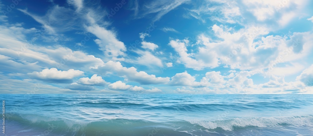 Aufkleber cumulus clouds float in the sky above the ocean, blending with the horizon and creating a beautiful 