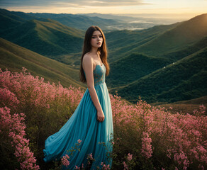 Floral Hillscape: Captivating Girl Immersed in Spring Beauty