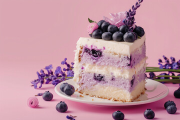 A slice of blueberry and lavender cheesecake cake on pink background with copy space.