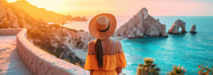 girl in a straw hat watches a stunning coastal sunset