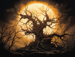 spooky tree silhouetted against a big, glowing moon. Its gnarled branches reach out like fingers, casting eerie shadows on the ground below. The moon looms large in the night sky