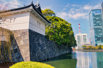 TOKYO, JAPAN - MARCH 08, 2024: Tokyo Imperial palace in Chiyoda district. This was on a sunny autumn morning just before the cherry blossom season in spring.  - obrazy, fototapety, plakaty