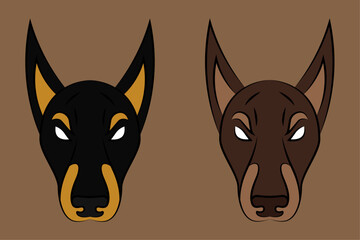 Angry brown and black Doberman dog set. Vector illustrations of pets.