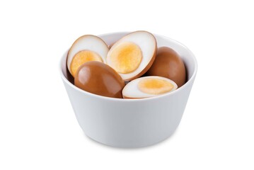 Tamago soy sauce eggs on a white isolated background