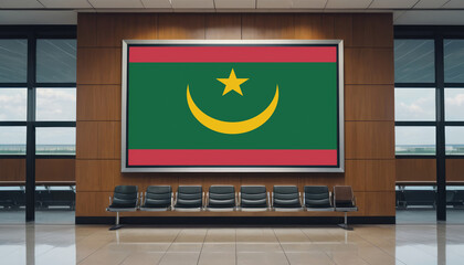Mauritania flag in the airport waiting room. The concept of flying for work, study, leisure. - obrazy, fototapety, plakaty