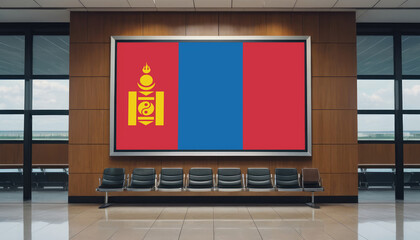 Mongolia flag in the airport waiting room. The concept of flying for work, study, leisure.