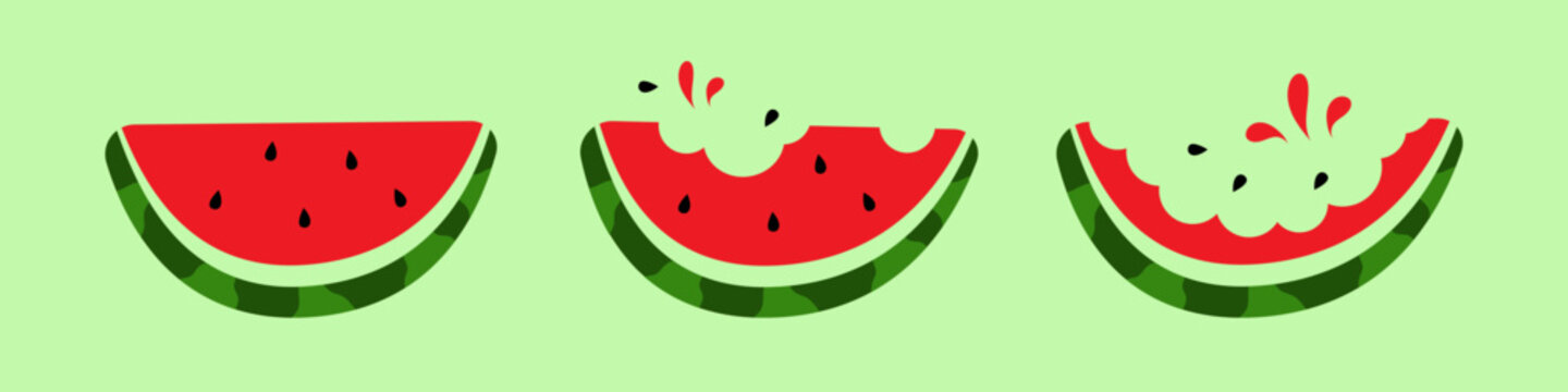Watermelon slice eat steps stage bitten piece isolated set.