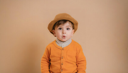 A portrait of a boy toddler wearing a hat and orange button up sweater against a colored background - the baby has a cute surprised look and is dressed in brightly colored clothing.