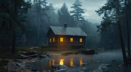 An empty cabin in the forest on a rainy night. Generative AI.