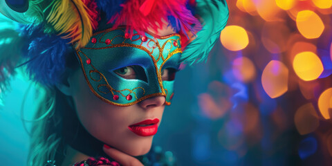 A mysterious figure dons a vibrant Venetian mask against a backdrop of enchanting bokeh lights