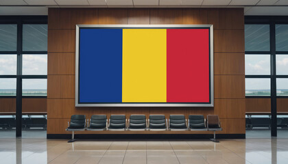 Romania flag in the airport waiting room. The concept of flying for work, study, leisure.