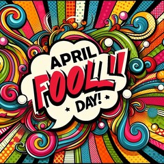 April Fool's Day pop art comic banner template. Vector funny postcard. Decorative swirl stripes background for april fool's holiday in bright juicy colors created with generative ai